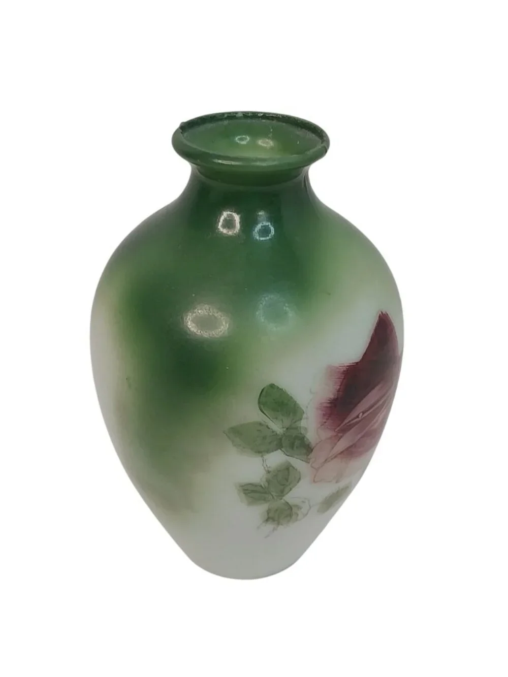 Antique Victorian Hand-Painted Green & White Milk Glass Vase With Red Rose